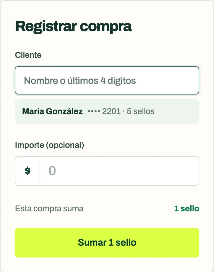 Pantalla de caja de Retorno registrando una compra de María González que suma 1 sello.