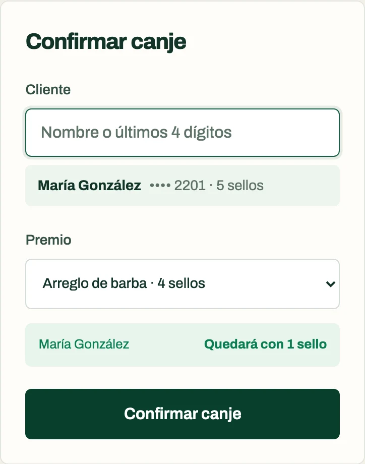 Pantalla de canje de Retorno: María González canjea un arreglo de barba y le queda 1 sello.