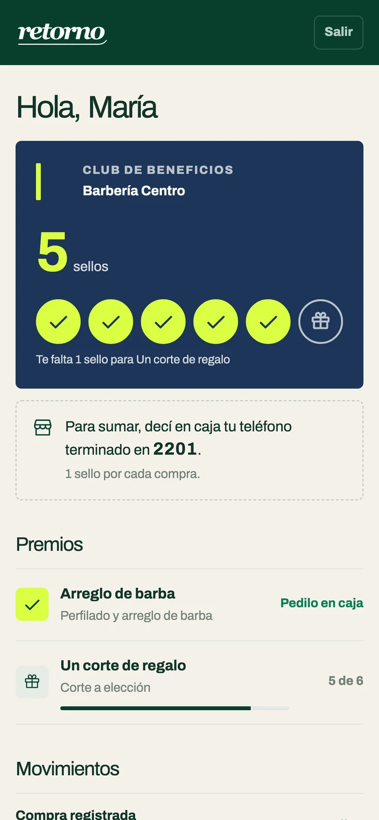 La tarjeta de María en Barbería Centro, en su celular: 5 sellos, le falta 1 para un corte de regalo y ya puede pedir un arreglo de barba.